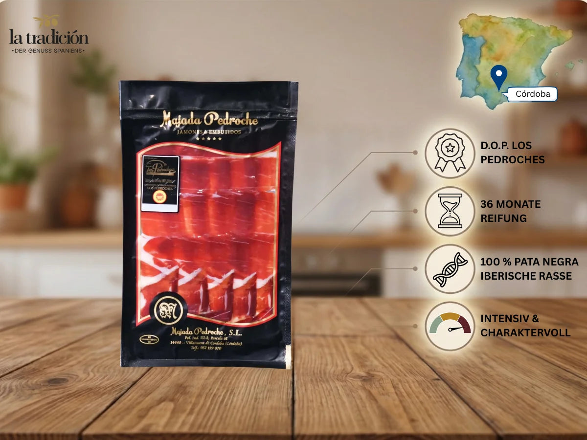 Packung geschnittener Jamón Ibérico Bellota 100% Pata Negra aus Córdoba mit 36 Monaten Reifung.
