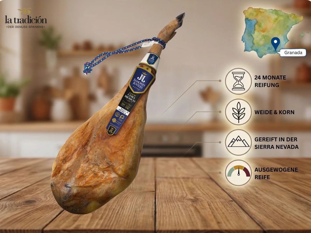 Ganzer Jamón Ibérico Cebo aus Granada mit 24 Monaten Reifung in der Sierra Nevada, Weide- und Kornfütterung und ausgewogener Reife.