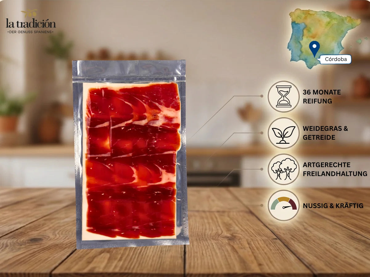 Jamón Ibérico Cebo de Campo, 36 Monate gereift, Freilandhaltung, vakuumverpackt – iberischer Schinken aus Córdoba von La Tradición