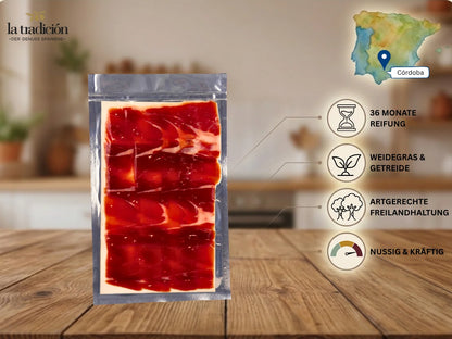 Jamón Ibérico Cebo de Campo, 36 Monate gereift, Freilandhaltung, vakuumverpackt – iberischer Schinken aus Córdoba von La Tradición