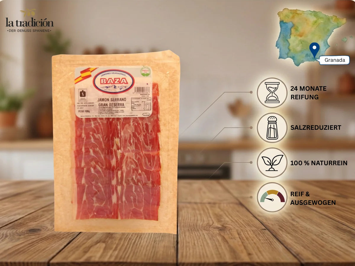 Jamón Serrano Gran Reserva von Baza aus Granada mit 24 Monaten Reifung, salzreduziert und naturrein.