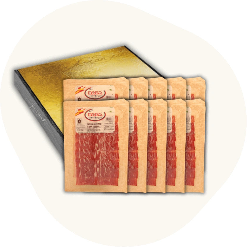 Jamón Serrano Gran Reserva – fein geschnittener spanischer Schinken aus traditioneller Herstellung, in edler Geschenkbox von La Tradición.