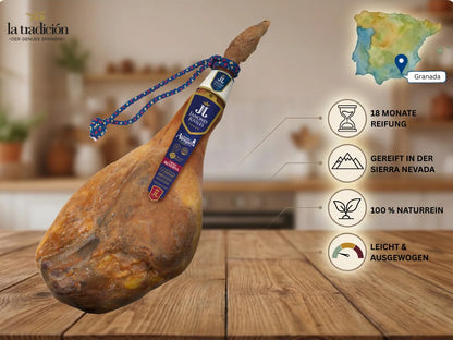 Ganzer Jamón Serrano Reserva aus Granada mit 18 Monaten Reifung, luftgetrocknet in der Sierra Nevada, naturrein und ausgewogen im Geschmack.