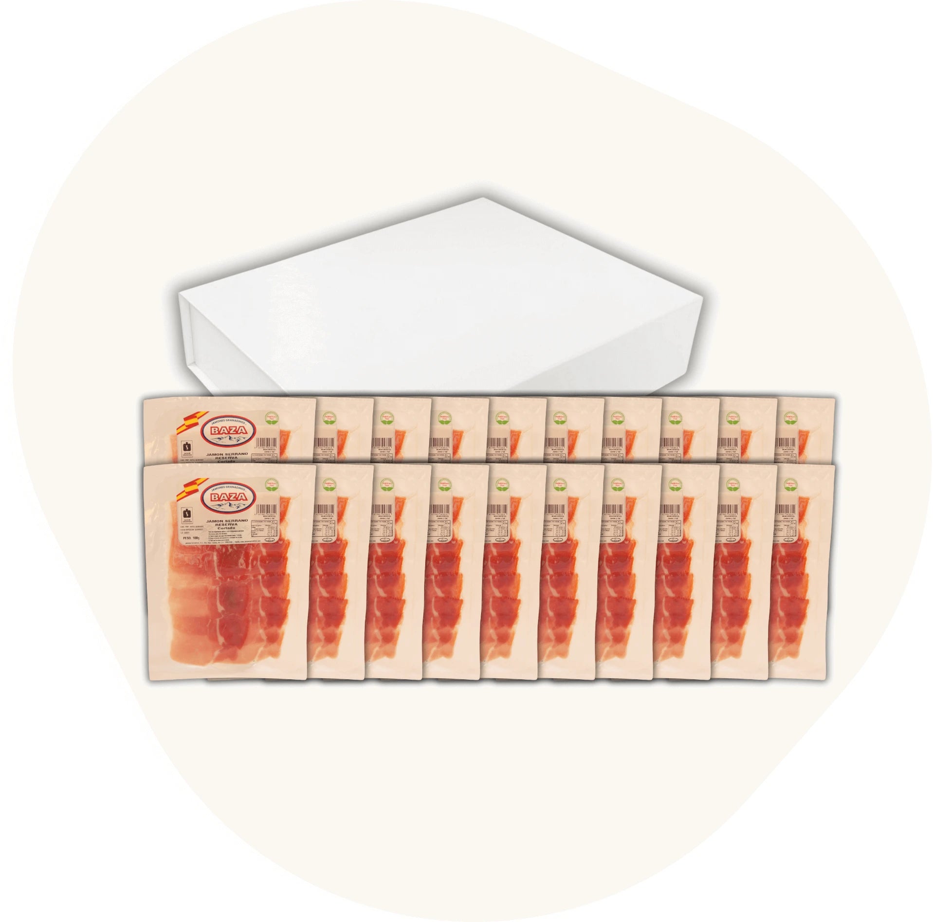 Jamón Serrano Reserva – traditionell gereifter spanischer Schinken in 20 Aufschnittpackungen, präsentiert in klassischer Box von La Tradición.