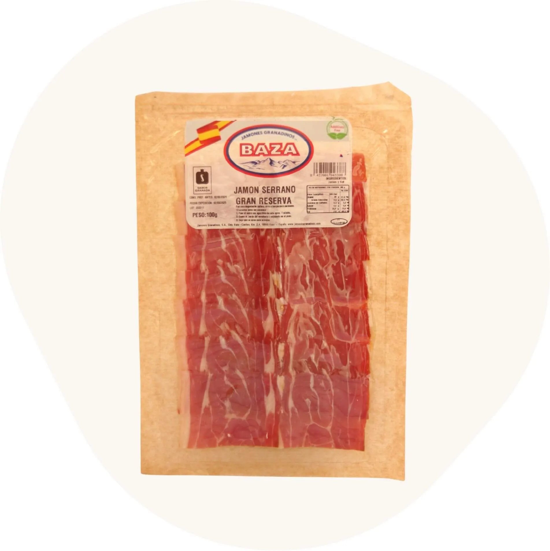Jamón Serrano Gran Reserva (Schinken) BAZA, 24 Monate naturgereift, dünn aufgeschnitten, 100g Vakuumverpackung, roter Schinken mit feiner Fettmarmorierung, spanisches Traditionsprodukt