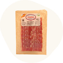 Jamón Serrano Gran Reserva (Schinken) BAZA, 24 Monate naturgereift, dünn aufgeschnitten, 100g Vakuumverpackung, roter Schinken mit feiner Fettmarmorierung, spanisches Traditionsprodukt