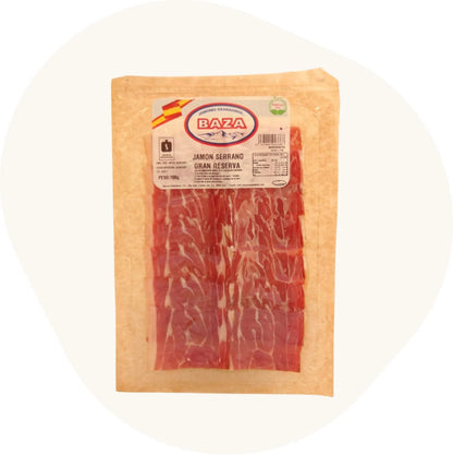 Jamón Serrano Gran Reserva (Schinken) BAZA, 24 Monate naturgereift, dünn aufgeschnitten, 100g Vakuumverpackung, roter Schinken mit feiner Fettmarmorierung, spanisches Traditionsprodukt