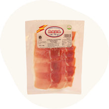 Jamón Serrano Reserva (Schinken) BAZA, 14 Monate naturgereift, dünn aufgeschnitten, 100g Vakuumverpackung, hellrot bis dunkelrot marmorierte Scheiben, typisch spanischer Serrano-Schinken