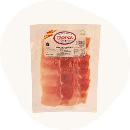 Jamón Serrano Reserva (Schinken) BAZA, 14 Monate naturgereift, dünn aufgeschnitten, 100g Vakuumverpackung, hellrot bis dunkelrot marmorierte Scheiben, typisch spanischer Serrano-Schinken