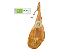 Ganze Hinterschinkenkeule Jamon Duroc aus 100% biologischer Erzeugung von Jamones Baza, 24 Monate gereift, mit Bio-Zertifikat (CAAE), freigestellt auf weissem Hintergrund.