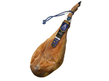 Ganze Hinterschinkenkeule Jamon de Cebo Iberico von Casa Ibera, 24 Monate gereift, 50% Iberico-Rasse, freigestellt auf weissem Hintergrund.
