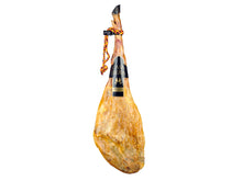 Ganze Hinterschinkenkeule Jamon Iberico Pata Negra von Jamones Juviles, 50 Monate gereift, 100% Bellota-Qualität, freigestellt auf weißem Hintergrund.
