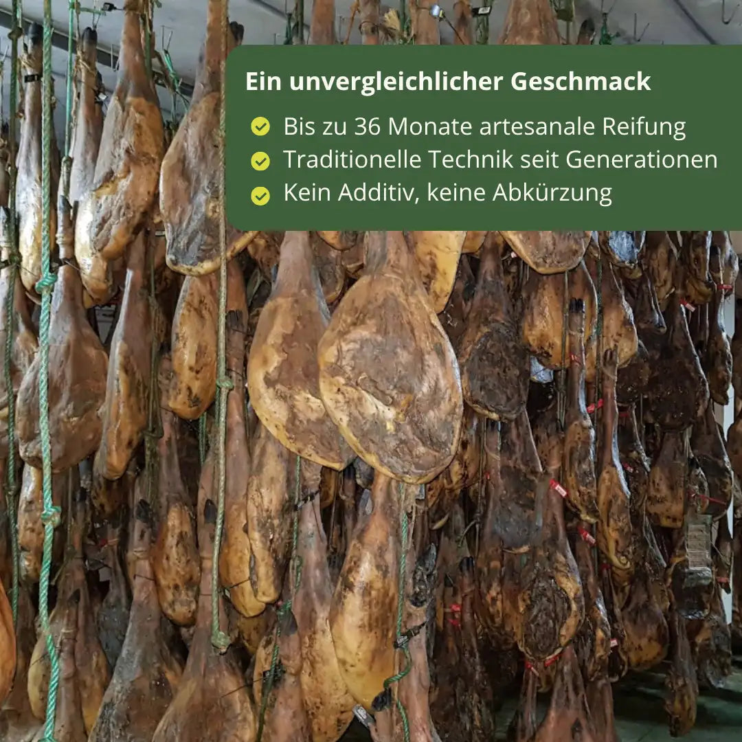 Langsame Reifung bis zu 36 Monate bei Jamones Majada Pedroche. Traditionelle Prozesse ohne Zusatzstoffe fuer intensiven Geschmack.