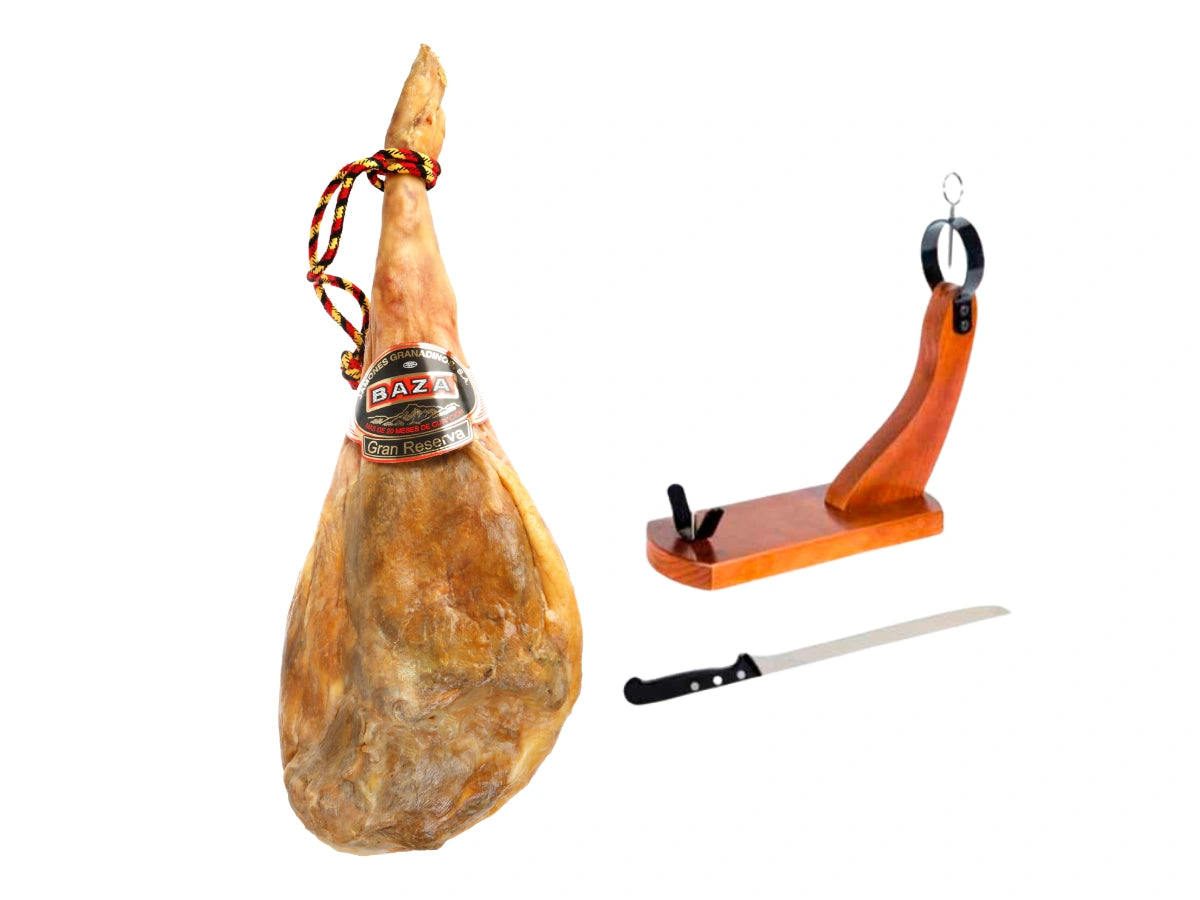Jamon Serrano Gran Reserva ganze Keule Spanien luftgetrocknet mit Schinkenhalter und Messer kaufen