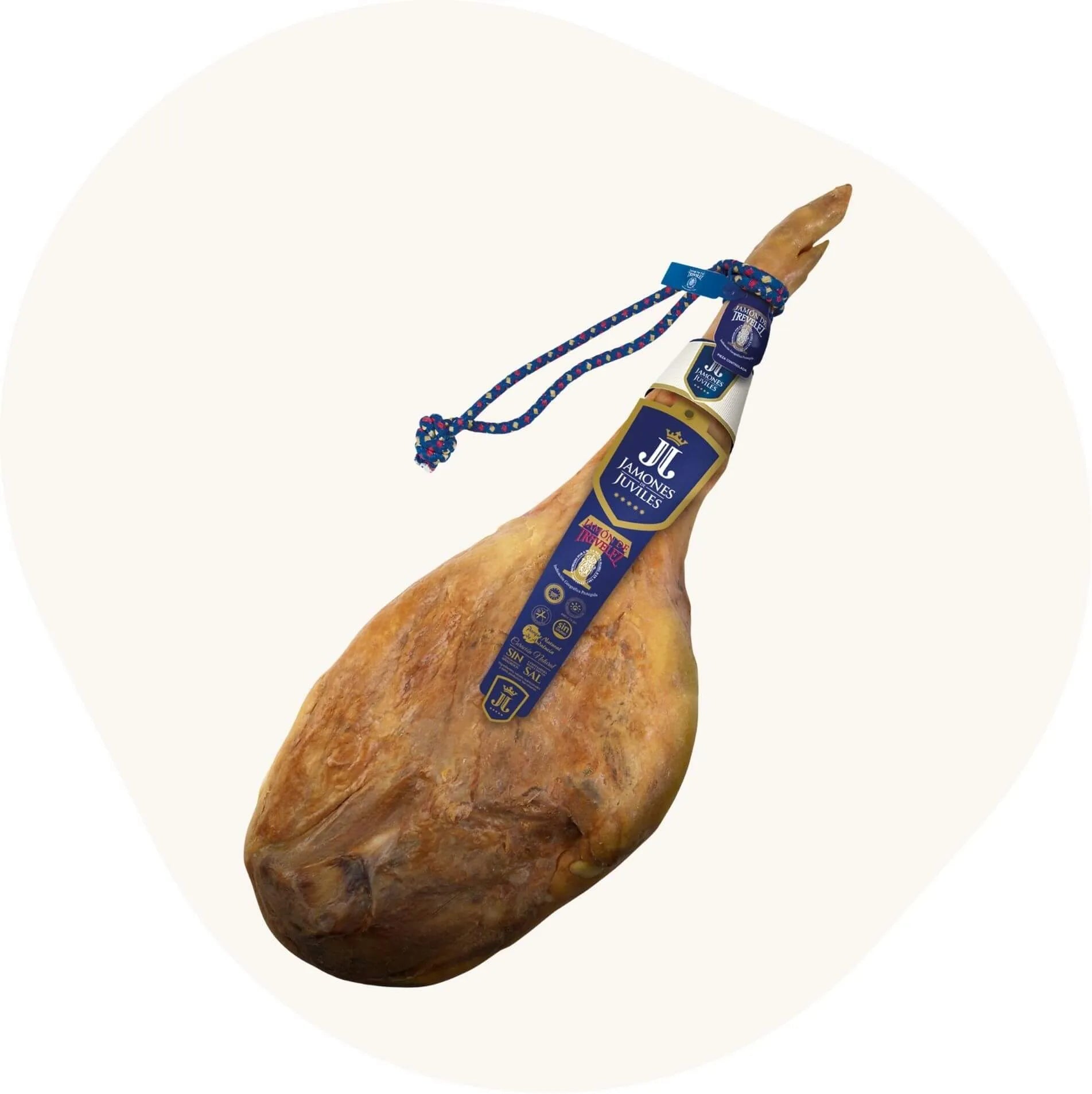 Jamón de Trevélez D.O.P. (G.U.) mit blauer Etikettierung – ganze Schinkenkeule, traditionell luftgetrocknet in den Alpujarras, mit Aufhängekordel.