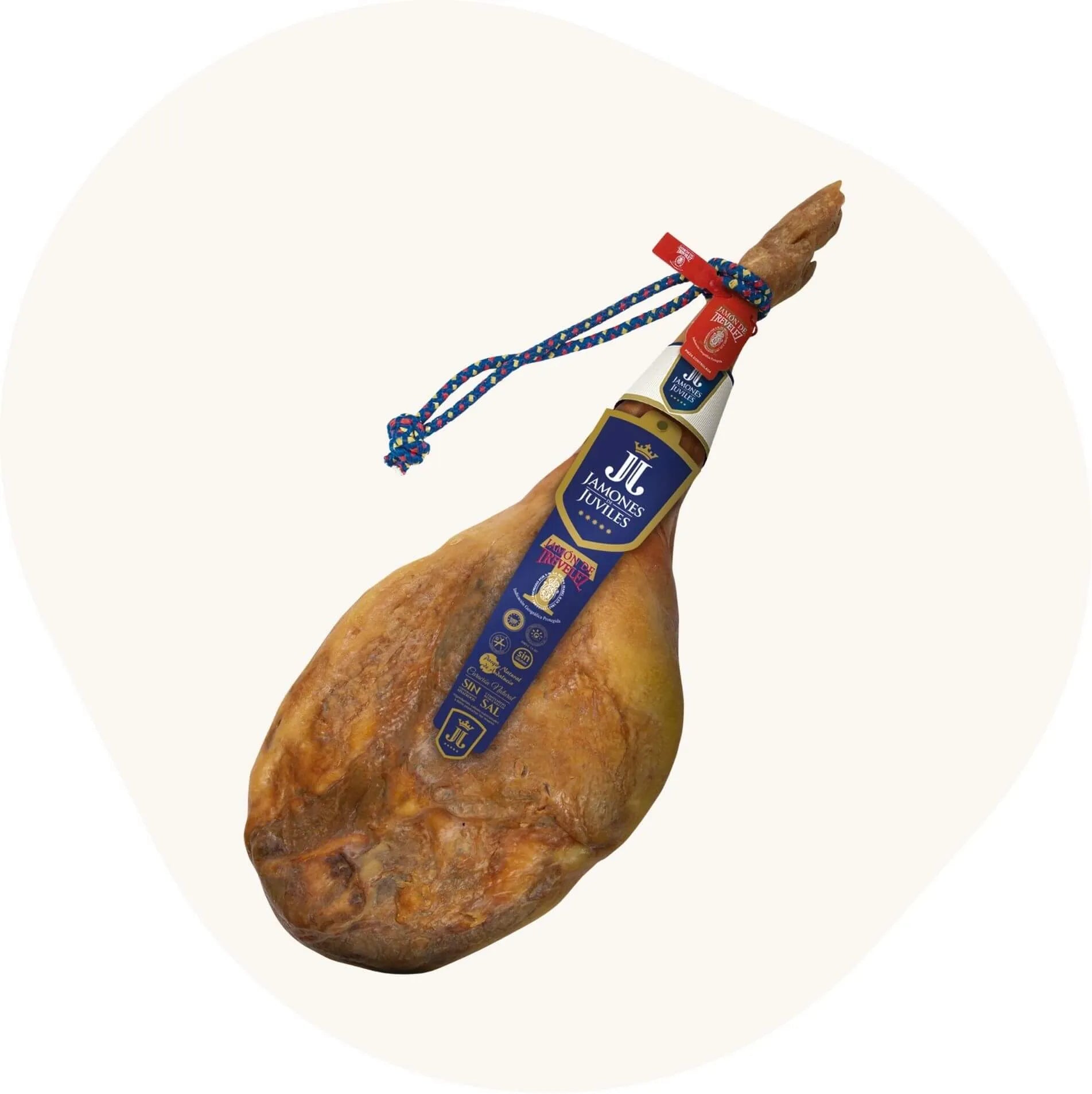 Jamón de Trevélez D.O.P. (G.U.) mit rotem Etikett – ganze Schinkenkeule, typisch aus den Alpujarras, naturgereift mit bunter Aufhängekordel.
