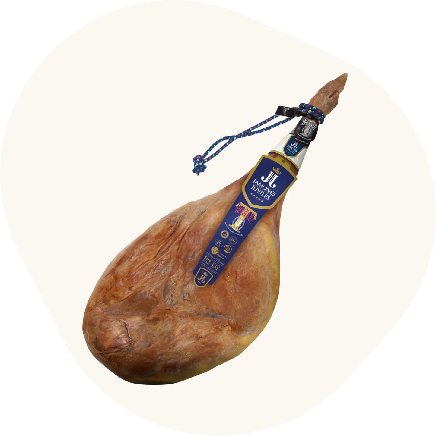 Jamón de Trevélez D.O.P. (G.U.) mit schwarzer Etikettierung – traditionelle Schinkenkeule aus den Alpujarras, lange gereift und mit Kordel zum Aufhängen.