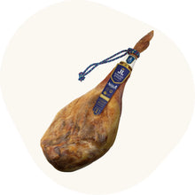 Jamón de la Alpujarra Reserva ganze Schinkenkeule luftgetrocknet mit blauem Etikett und Kordel am Knochen