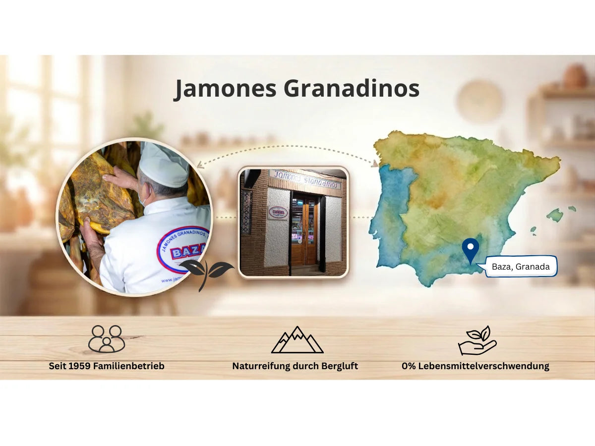Jamones Granadinos aus Baza in der Provinz Granada: traditionelle Schinkenreifung in Bergluft, Familienbetrieb seit 1959 mit natürlicher Lufttrocknung.
