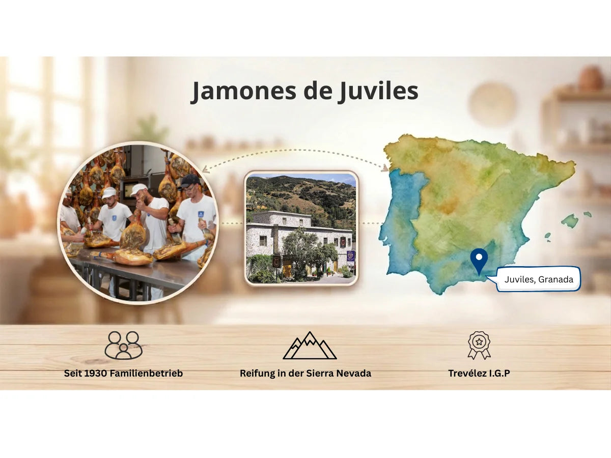Traditionelle Schinkenproduktion von Jamones de Juviles in der Sierra Nevada, Familienbetrieb seit 1930 mit Reifung in Höhenlage und Trevélez I.G.P.