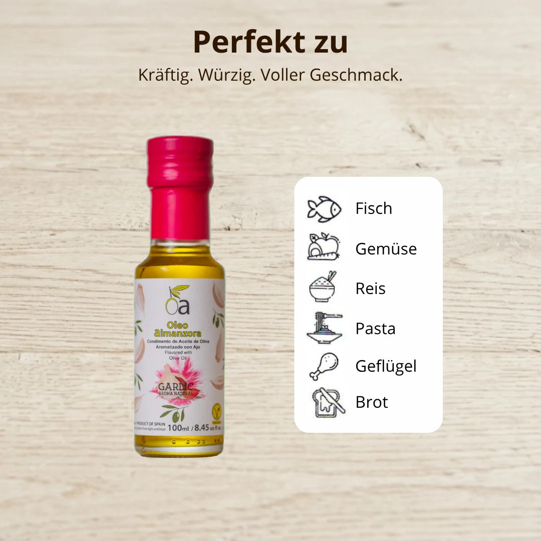 Olivenoel mit Knoblauch – ideal fuer Fisch, Gemuese, Reis, Pasta, Gefluegel und Brot