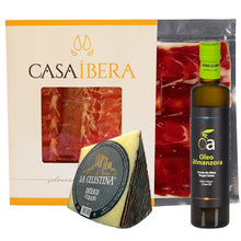La Ibérica Set mit Jamón Ibérico Casa Íbera, Ibérico Käse La Celestina und Oleo Almanzora Olivenöl, La Tradición. Spanischer Präsentkorb
