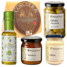 Spanisches vegetarisches Präsentkorb Set La Vegetariana mit Manchego D.O.P. Semicurado, Olivenöl mit Basilikum, Manzanilla Oliven, Romesco Sauce und Alioli von Quesos Corcuera, Oleo Almanzora und Priorat Natur