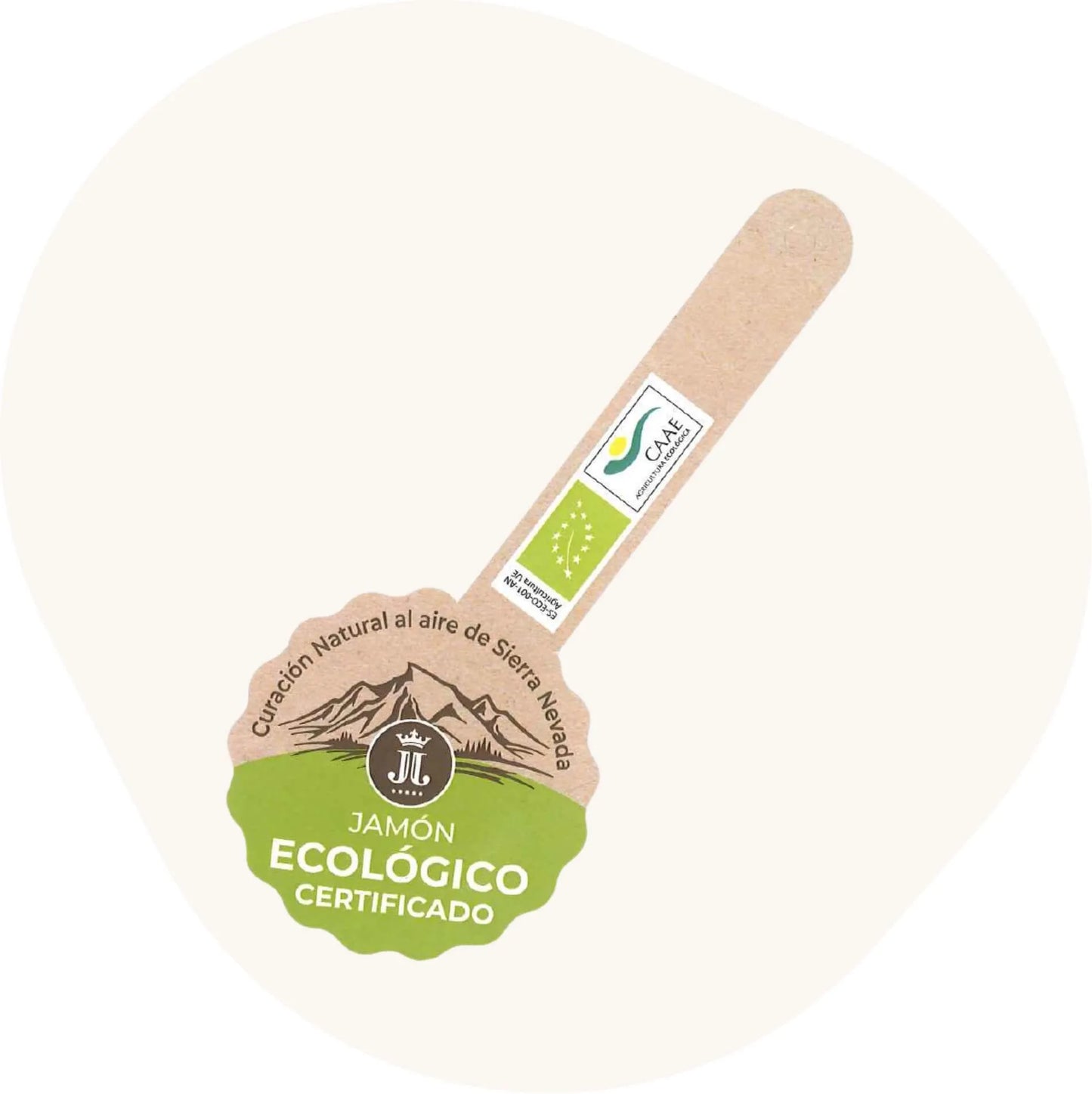 Label Jamón Ibérico Cebo Campo 100 % Bio – Zertifiziertes ökologisches Siegel mit Hinweis auf natürliche Reifung in der Sierra Nevada.