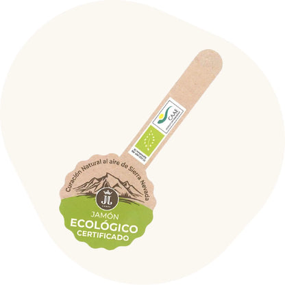Label Jamón Ibérico Cebo Campo 100 % Bio – Zertifiziertes ökologisches Siegel mit Hinweis auf natürliche Reifung in der Sierra Nevada.