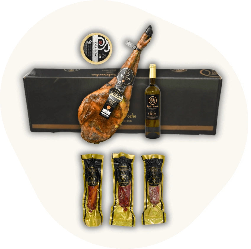 Majada Pedroche Gourmet-Set mit ganzer Ibérico-Schinkenkeule, Weißwein, Käse und drei traditionellen Wurstsorten – Premiumqualität aus Los Pedroches, Spanien.