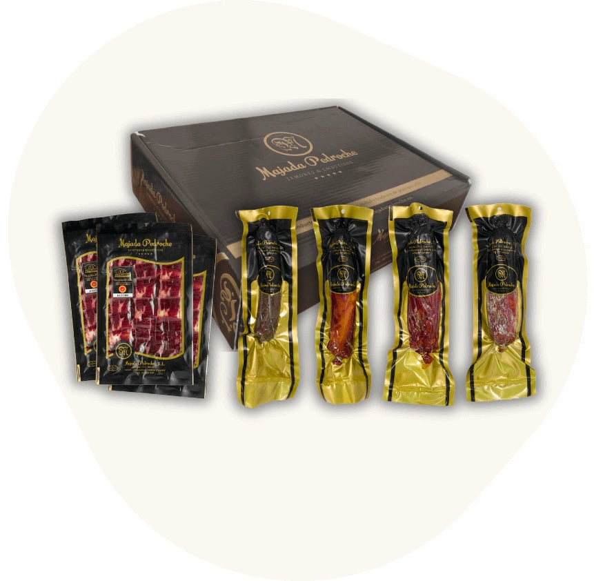 Majada Pedroche Selección Ibérica mit handwerklich gereiftem Schinken und vier Sorten Wurstwaren – spanische Feinkostbox für Tapas und Genussmomente.