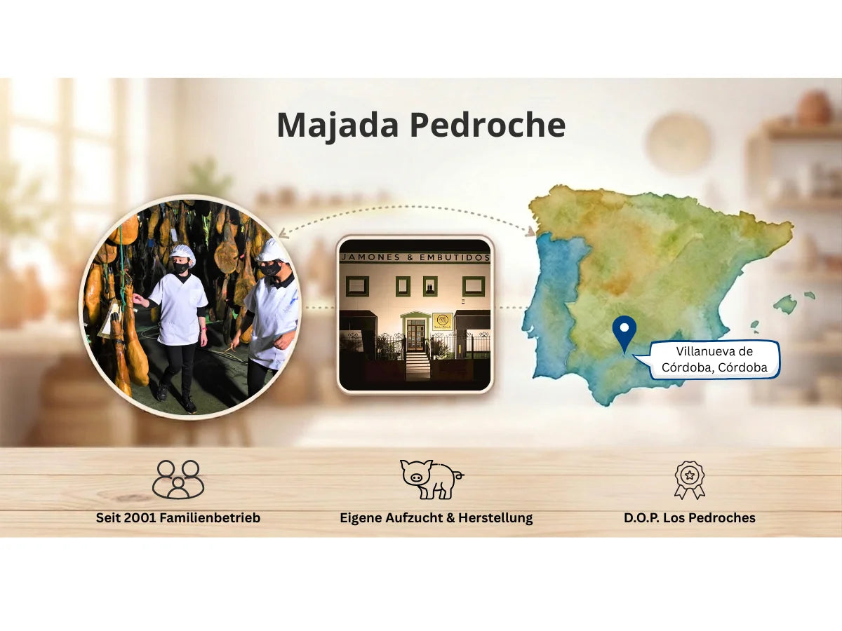 Majada Pedroche Schinkenproduktion in Villanueva de Córdoba mit eigener Aufzucht und Herstellung, D.O.P. Los Pedroches.