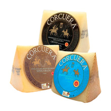 Auswahl spanischer Manchego Kaese Sorten Curado Semicurado und Crudo DOP aus Schafsmilch