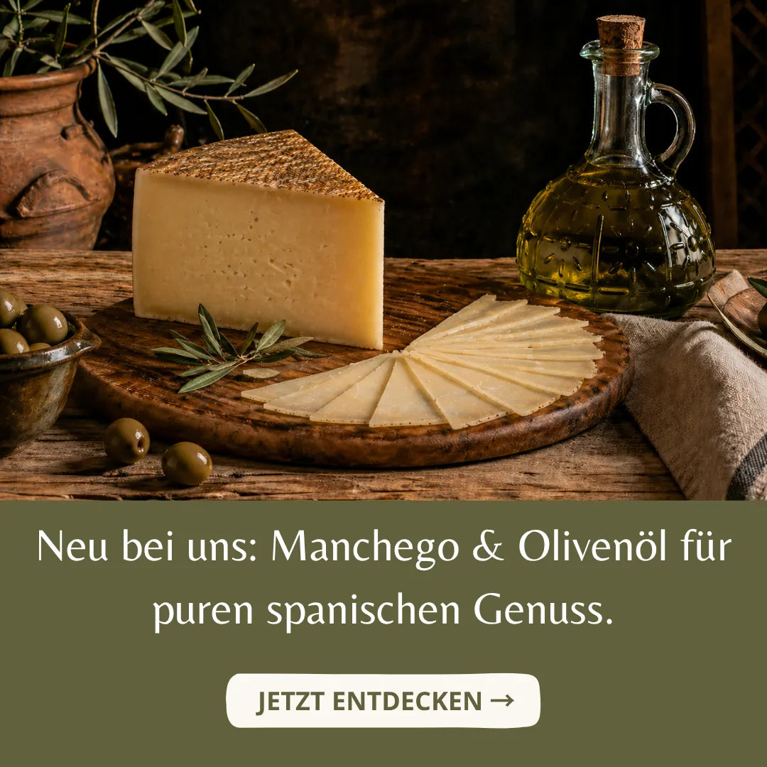 Manchego Käse mit Olivenöl und Oliven auf Holzbrett mediterrane spanische Spezialitäten