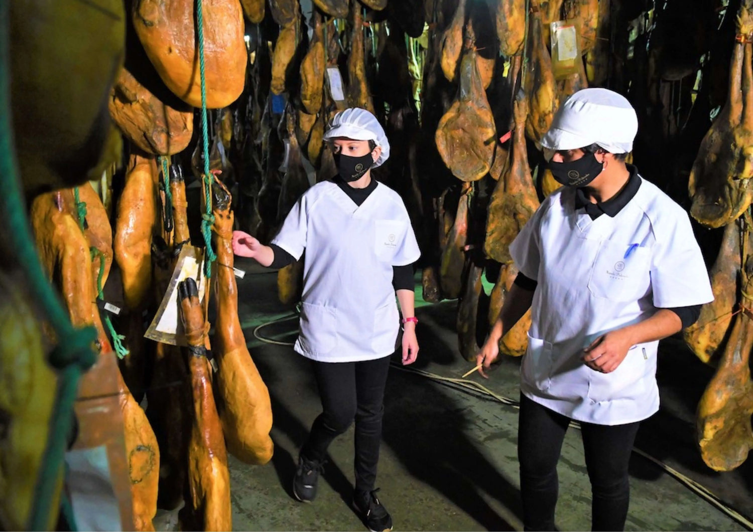 Mitarbeitende von Majada Pedroche prüfen in der Bodega sorgfältig hängende iberische Schinken während der Reifung.