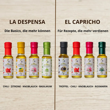 Zwei Geschenksets mit je 4 Flaschen nativem Olivenol extra aromatisiert von Oleo Almanzora, je 100ml aus Spanien. La Despensa mit Chili, Zitrone, Knoblauch und Basilikum - die alltagstauglichen Kuechen-Klassiker. El Capricho mit schwarzer Trueffel, Chili, Knoblauch und Rosmarin - fuer anspruchsvolle Rezepte und besondere Anlasse. Vegan, ohne Zusatzstoffe. Ideal als Gourmet Geschenk oder Geschenkkorb.