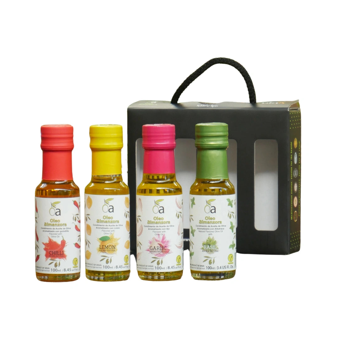 Olivenöl Set mit vier aromatisierten Sorten Chili Zitrone Knoblauch und Basilikum Geschenkbox aus Spanien hochwertiges natives Olivenöl extra