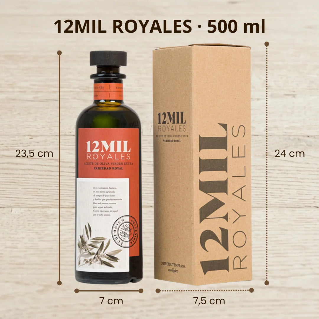 12Mil Royales Olivenoel 500 ml Flasche Hoehe 23,5 cm Breite 7 cm mit Geschenkbox 24 cm Spanien Premium natives Olivenoel extra