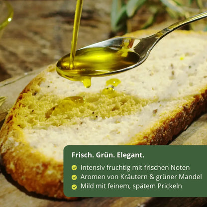 12Mil Royales natives Olivenoel extra auf Brot getraeufelt intensiver fruchtiger Geschmack mit Noten von Kraeutern und gruener Mandel mild elegant Spanien