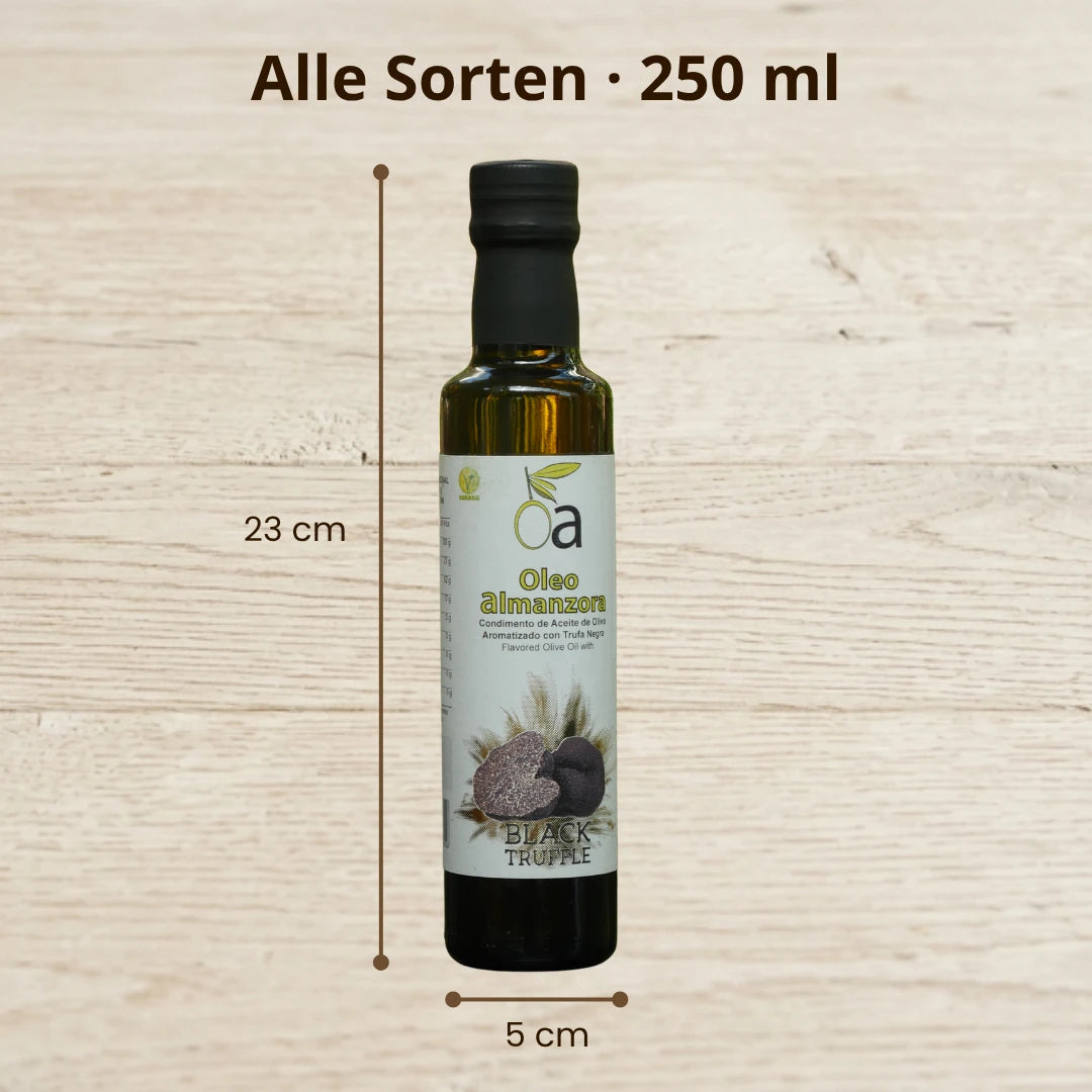 Flasche aromatisiertes Olivenoel 250 ml mit Groessenangaben Hoehe 23 cm und Breite 5 cm