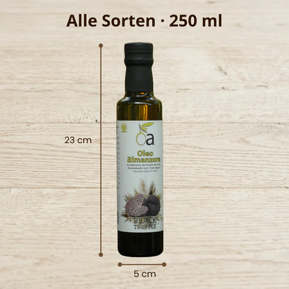 Flasche aromatisiertes Olivenoel 250 ml mit Groessenangaben Hoehe 23 cm und Breite 5 cm