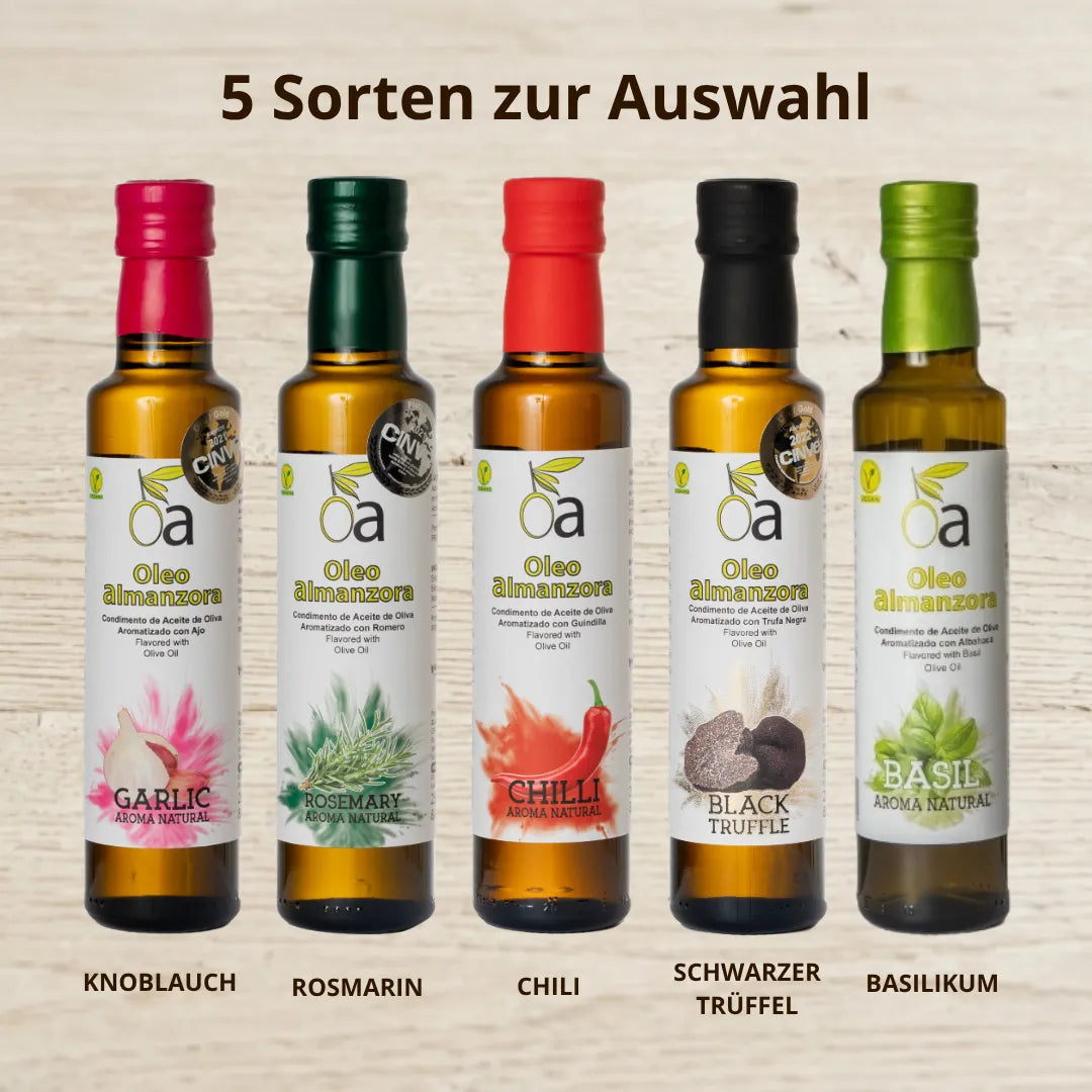 Fuenf Flaschen aromatisiertes Olivenoel 250 ml – Knoblauch, Rosmarin, Chili, schwarzer Trueffel und Basilikum im Ueberblick