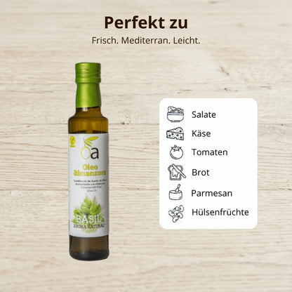 Aromatisiertes Olivenoel mit Basilikum ideal fuer Salate Kaese Tomaten Brot Parmesan und Huelsenfruechte