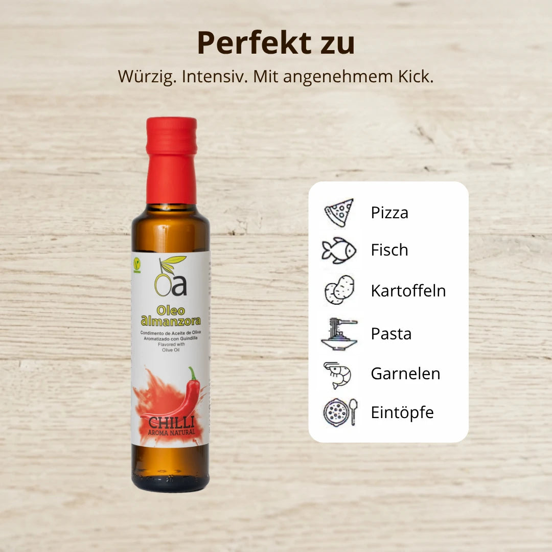 Aromatisiertes Olivenoel mit Chili ideal fuer Pizza Fisch Kartoffeln Pasta Garnelen und Eintoepfe