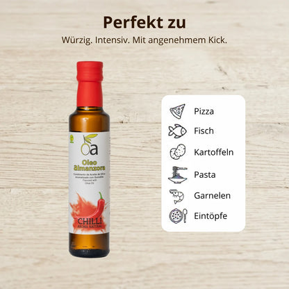 Aromatisiertes Olivenoel mit Chili ideal fuer Pizza Fisch Kartoffeln Pasta Garnelen und Eintoepfe