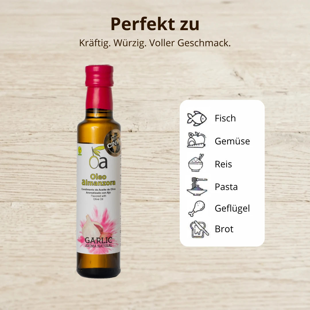 Aromatisiertes Olivenoel mit Knoblauch ideal fuer Fisch Gemuese Reis Pasta Gefluegel und Brot