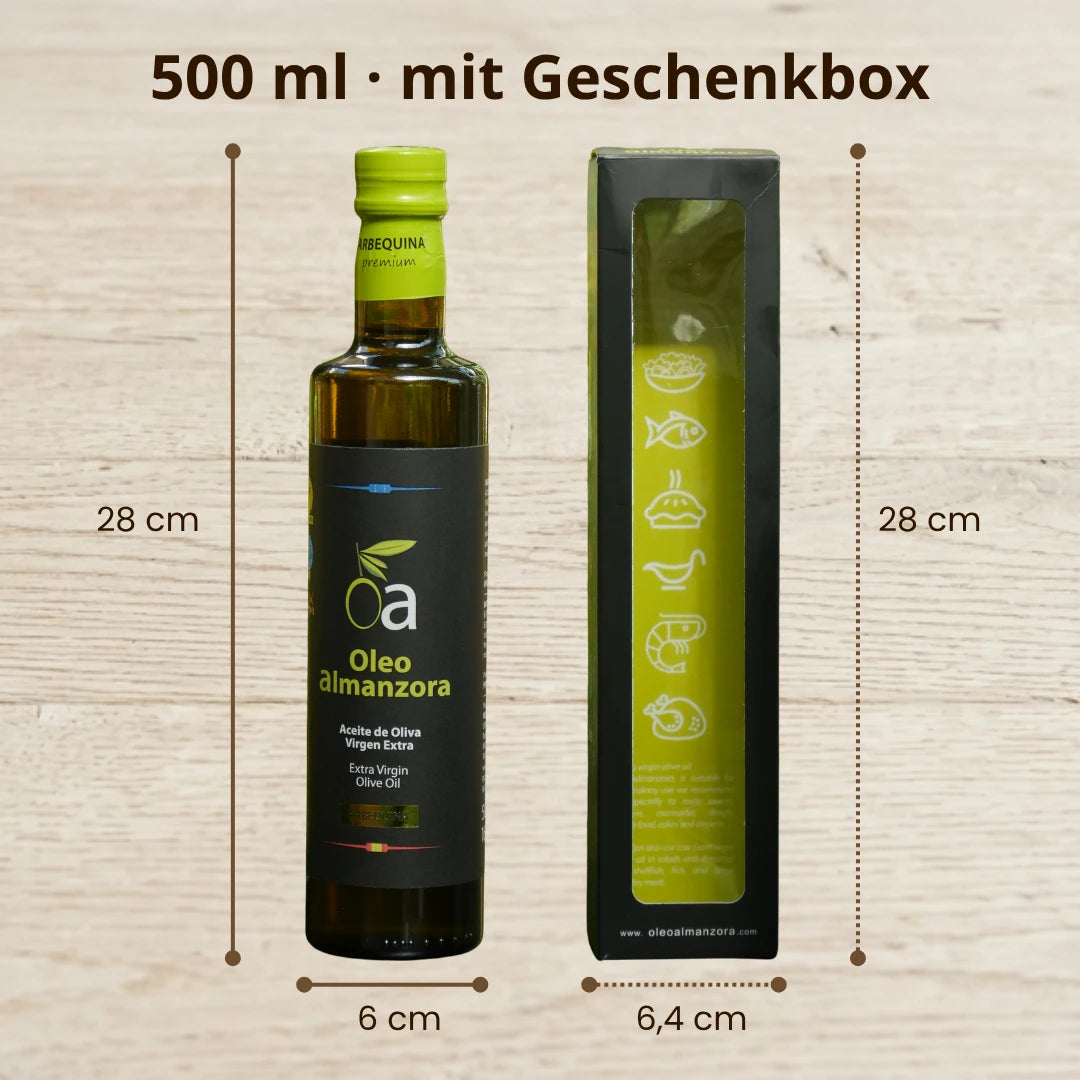 Oleo Almanzora 500 ml natives Olivenoel extra mit Geschenkbox genaue Masse 28 cm Hoehe 6 cm Breite Flasche 6 4 cm Box Andalusien Spanien