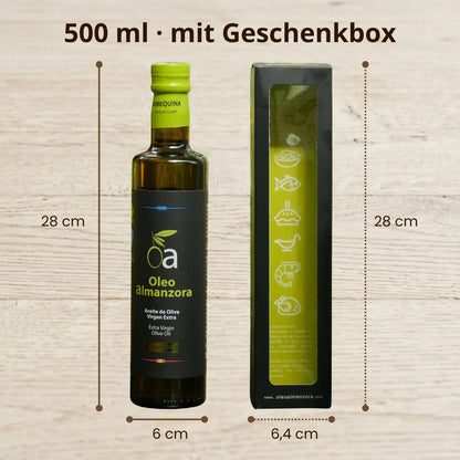 Oleo Almanzora 500 ml natives Olivenoel extra mit Geschenkbox genaue Masse 28 cm Hoehe 6 cm Breite Flasche 6 4 cm Box Andalusien Spanien