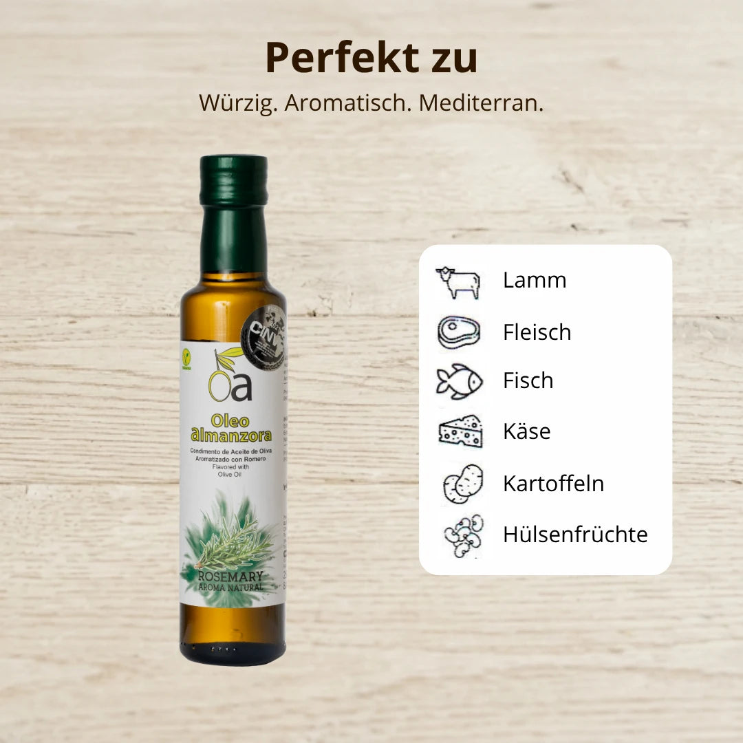 Aromatisiertes Olivenoel mit Rosmarin ideal fuer Lamm Fleisch Fisch Kaese Kartoffeln und Huelsenfruechte