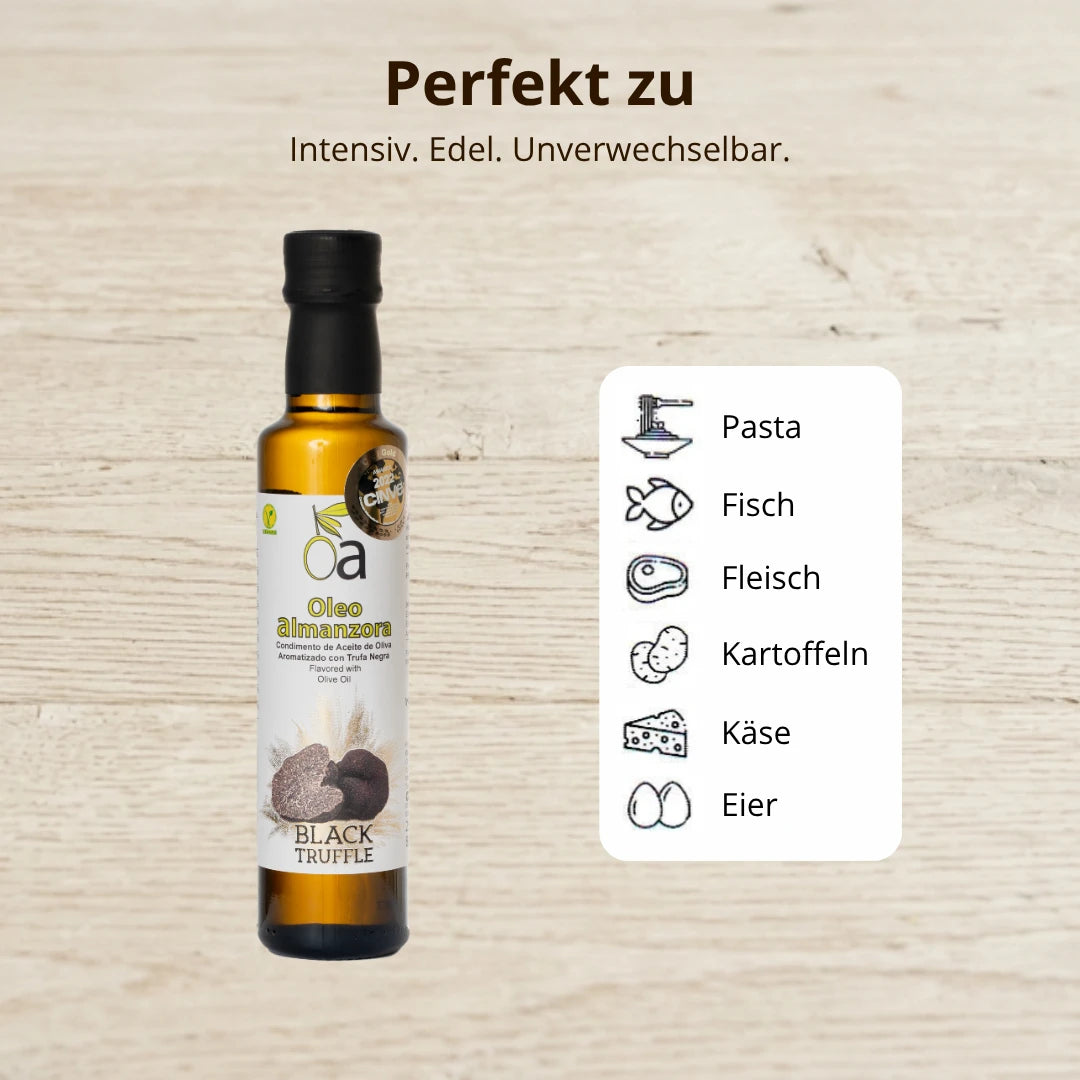 Aromatisiertes Olivenoel mit schwarzem Trueffel ideal fuer Pasta Fisch Fleisch Kartoffeln Kaese und Eier